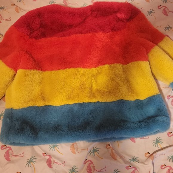 New York & Company Rainbow Striped Colorful Fluffy Faux Fur Coat - Picture 2 of 7